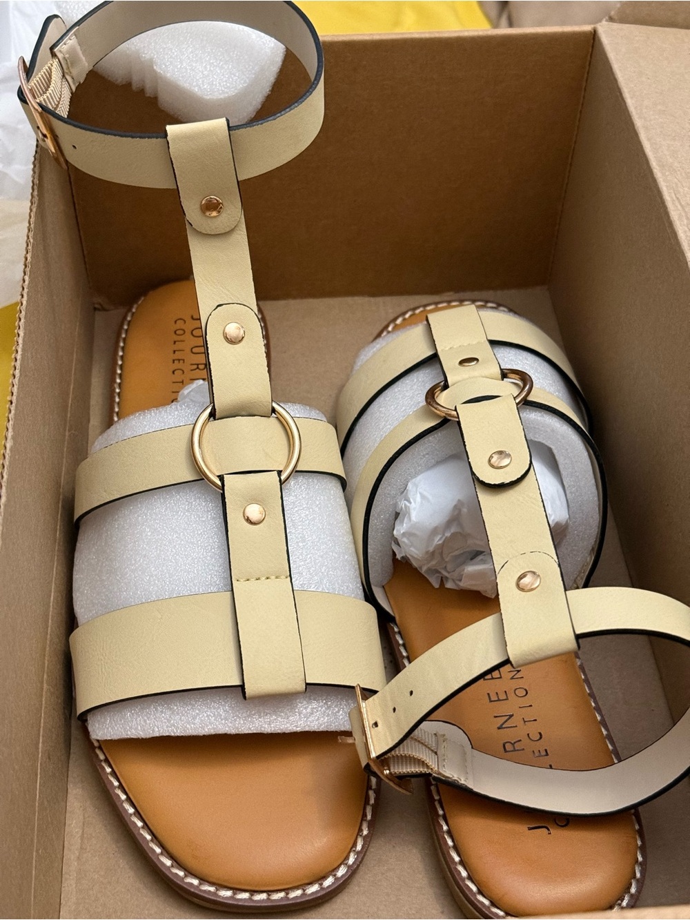 Journee Collection Cream Strappy Ankle-Ring Sandals with Gold Hardware